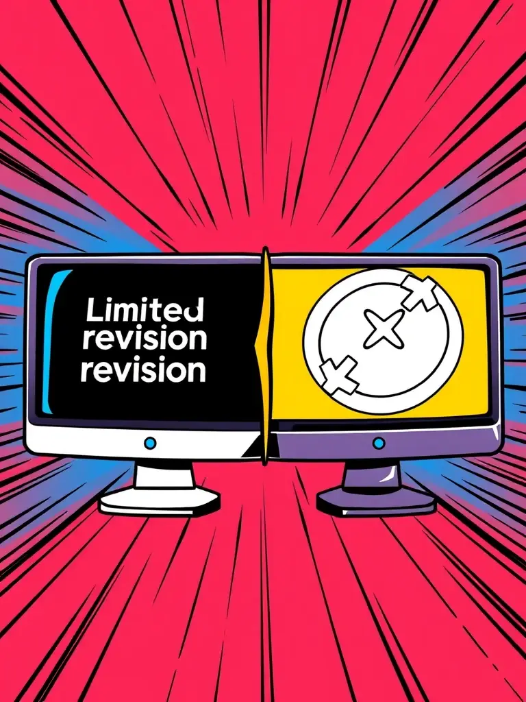 An icon representing revisions, with a split screen showing limited revisions for Starter and unlimited for Business packages.