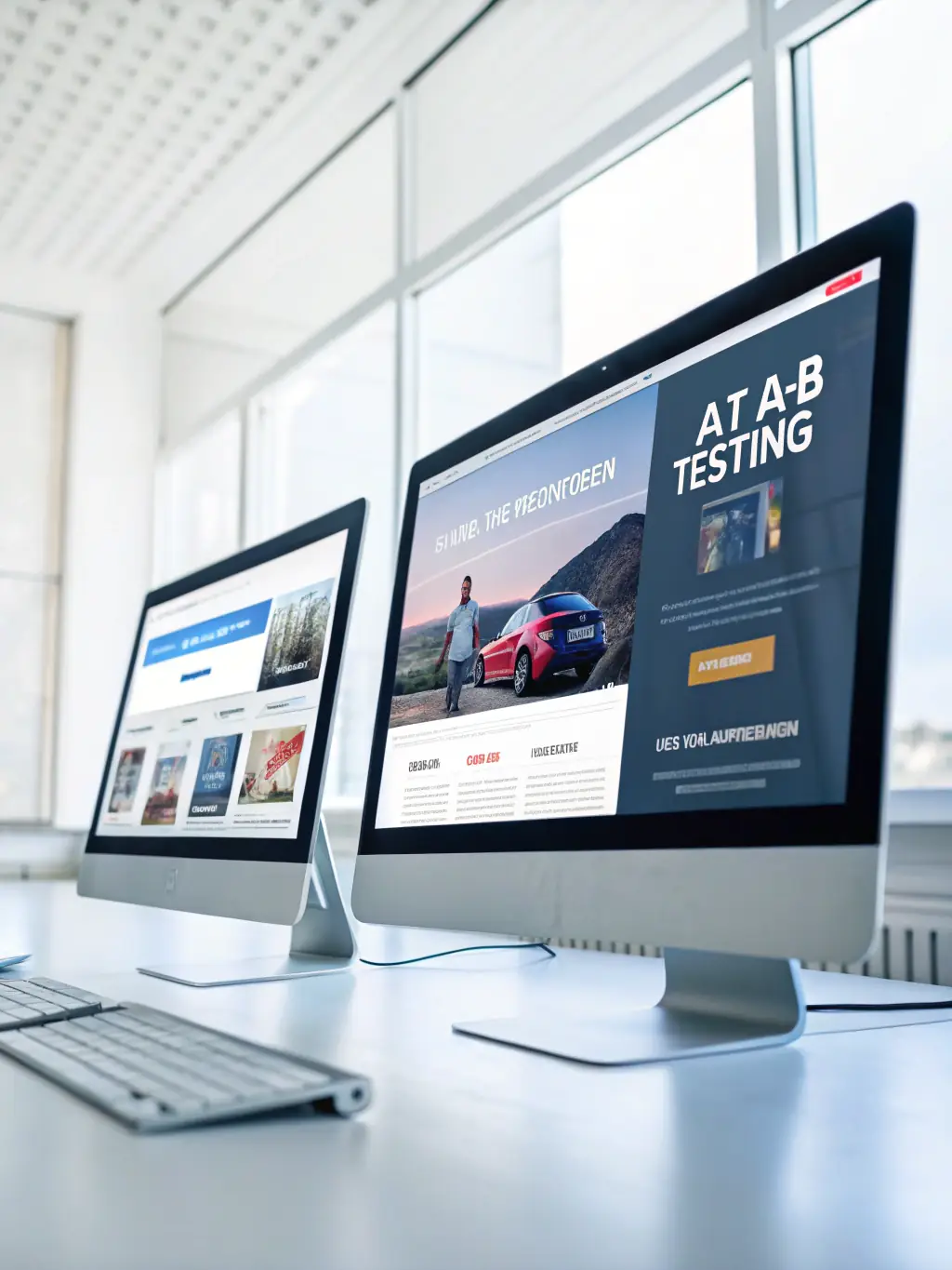 A split-screen image showing two competitor websites side-by-side, with arrows highlighting key differences and opportunities for differentiation.