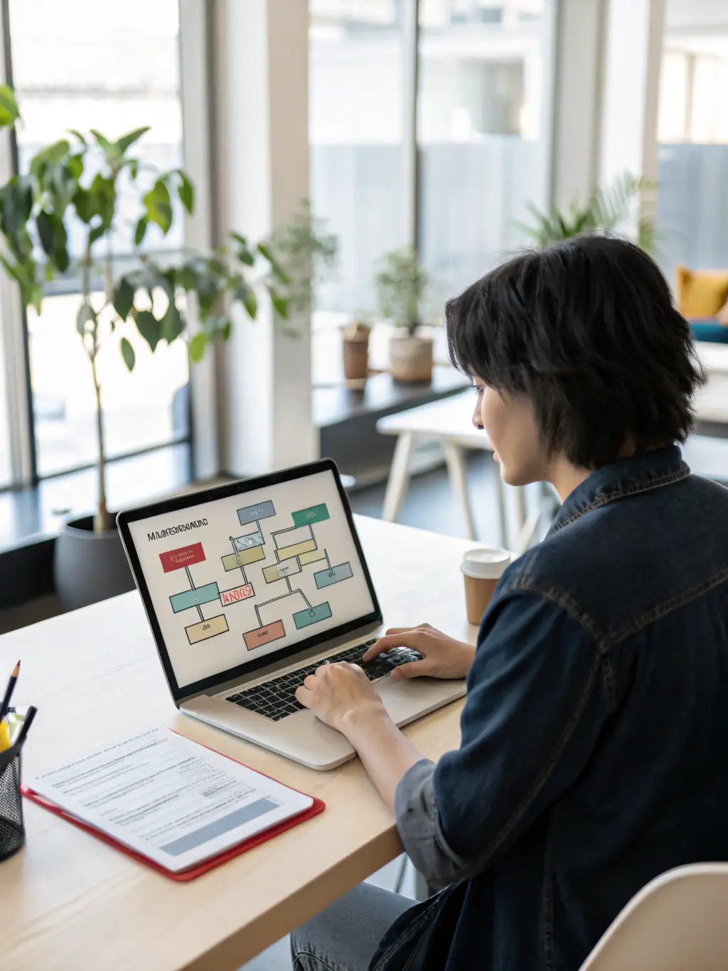 A person looking thoughtfully at a flowchart on a tablet, with arrows indicating different paths and decision points, symbolizing growth opportunities.