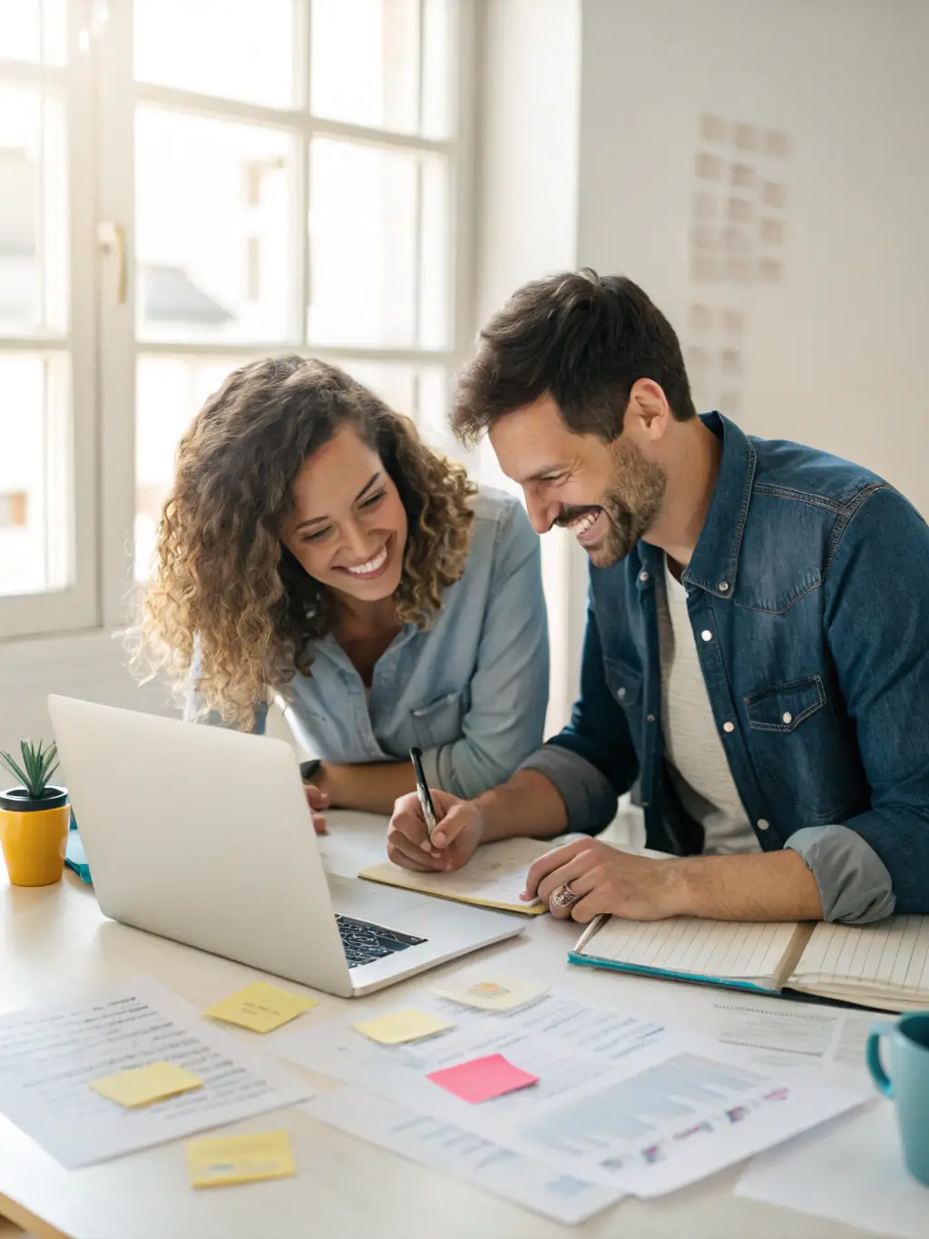 A professional project manager reviewing a detailed project timeline with a client, both smiling and engaged in the discussion.