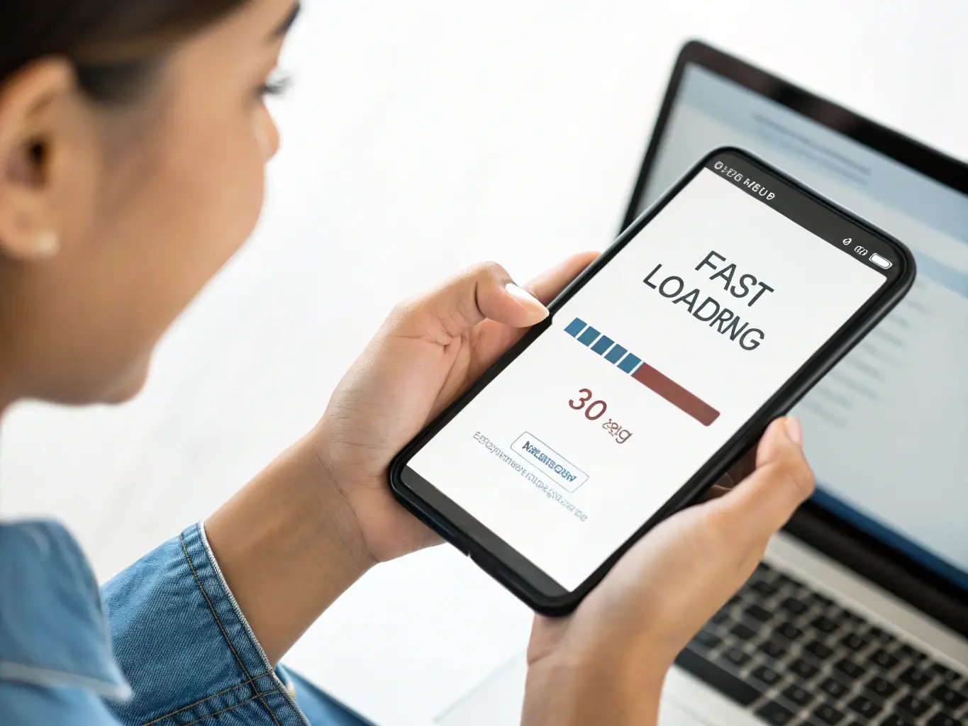 A close-up shot of a website loading very quickly on a mobile phone, showcasing the speed and performance of a WordPress site hosted on 10Web, emphasizing the fast loading times.