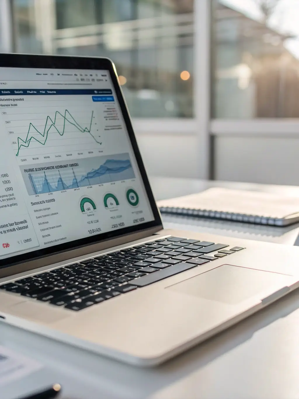 A close-up shot of a laptop screen displaying website analytics, with a magnifying glass hovering over a specific data point, symbolizing a quick website audit during the strategy call.