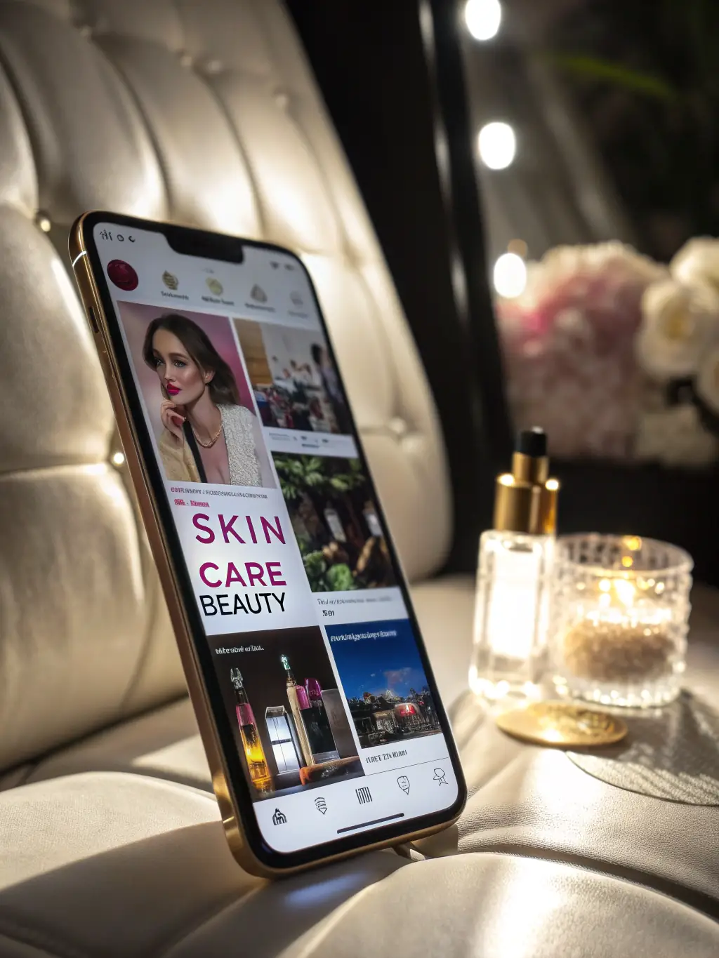 A visually appealing image showcasing a cohesive set of social media posts designed for a fictional skincare brand, demonstrating consistent branding and aesthetic.